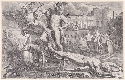 Achilles dragging the body of Hector around the walls of Troy
