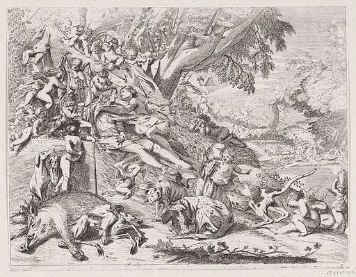 Venus and Adonis embracing after the hunt