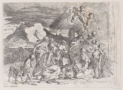 The adoration of the shepherds who gather at left, angels holding a banderole upper right