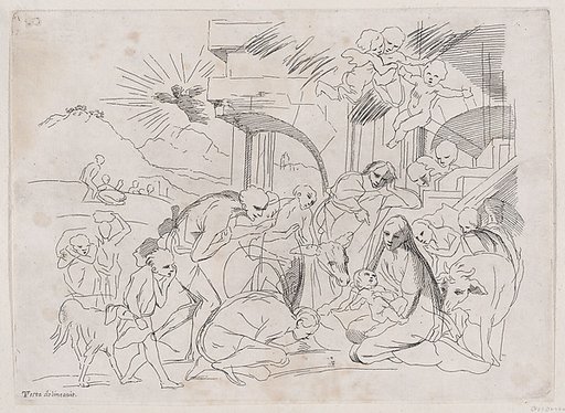 The adoration of the shepherds who gather at left, angels holding a banderole upper right
