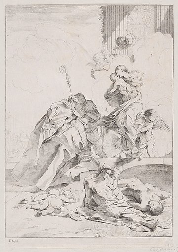 Three Lucchese saints Sts Nicholas Tolentino, Nicholas of Bari and Roch interceding with the Virgin on behalf of the victims of the plague