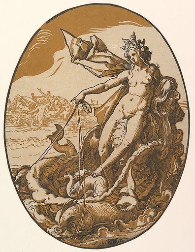 Tethys reclining in a giant shell chariot pulled by two sea creatures, from "The Deities"