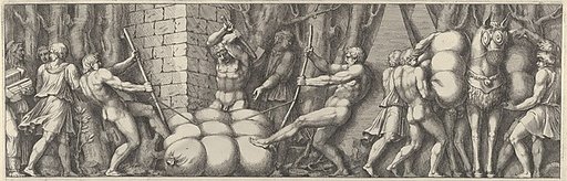 Plate 2: various figures carrying out tasks that include tying a sack and loading a horse