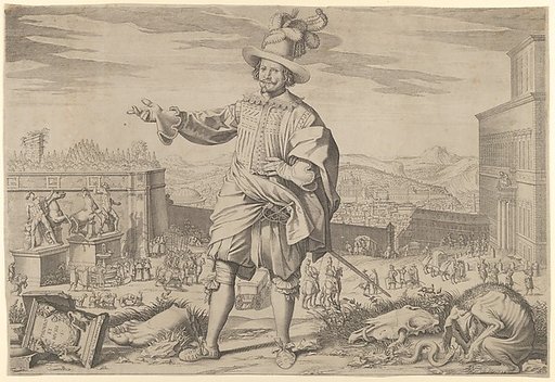 Portrait of Ioannes Altus (Johann Alten), of the Swiss Guard, standing by the Quirinal and pointing out the antiquities of Rome