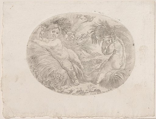 Putto at left reclining on sheaves of wheat, another at right carrying a sheave over his shoulder, an allegory of the seasons (Summer)