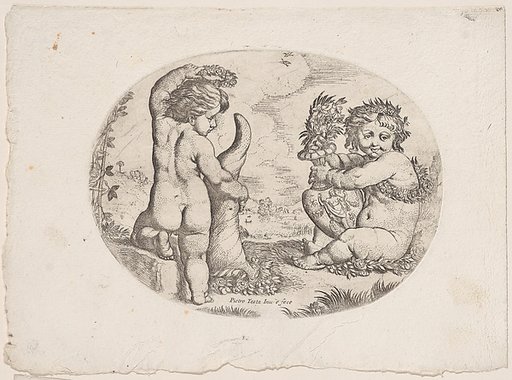 Putto at left holding an upturned cornucopia and a garland, another seated at the right holding an urn, an allegory of the seasons (Autumn)