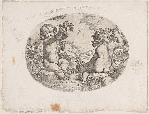 Putto at the left hold aloft grapes, another seated at the right holding an urn, an allegory of the seasons (Summer)