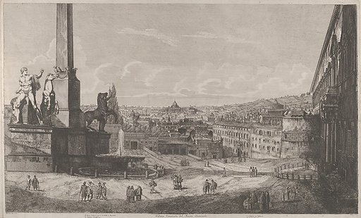 View of the Quirinal Hill in Rome with the fountain of the horse tamers at left, from "Le Antichita di Roma"