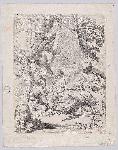 The Virgin at the right with the Christ Child and St John the Baptist at left, a pyramid structure in the background