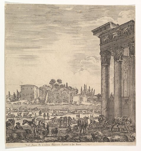 The columns of the Temple of Antoninus to right, a part of the Campo Vaccino in center and at left, along with various animals and figures, the Palatine ruins in the background, from "Six large views, four of Rome, and two of the Roman countryside" (Six grandes vues, dont quatre de Rome et deux de l