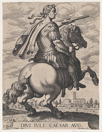 Plate 1: Emperor Julius Caesar on Horseback, from "The First Twelve Roman Caesars"