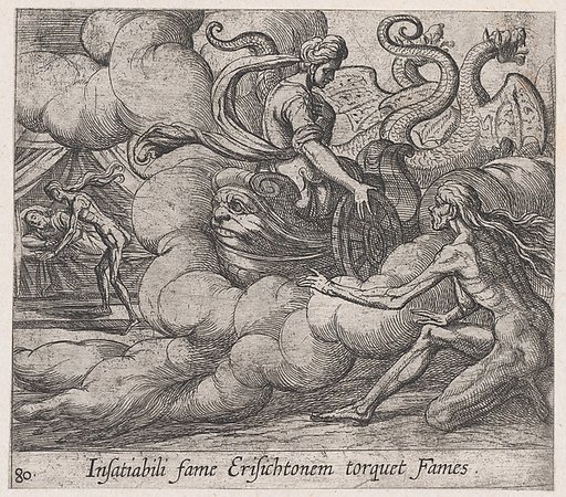 Plate 80: Ceres' Nymph Telling Famine to Strike Erysichthon (Insatiabili fame Erisichtonem torquet Fames), from Ovid's 'Metamorphoses'