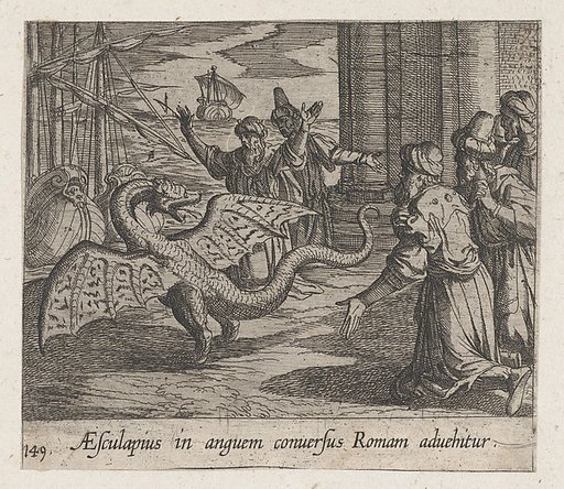 Plate 149: Aesculapius as a Serpent, Among the Romans (AEsculapius in anguem conversus Roman advehitur), from Ovid's "Metamorphoses"