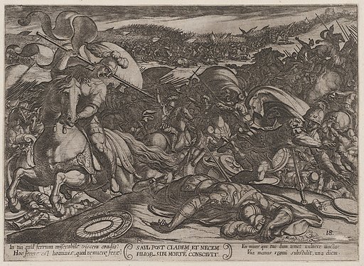 Plate 18: Saul's Suicide after His Defeat by the Philistines, from "The Battles of the Old Testament"