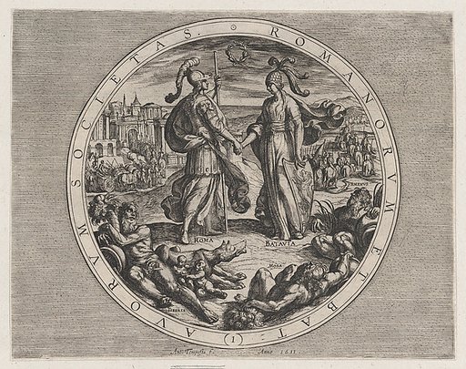 Plate 1: Roma and Batavia Shaking Hands, from "The War of the Romans Against the Batavians" (Romanorvm et Batavorvm societas)