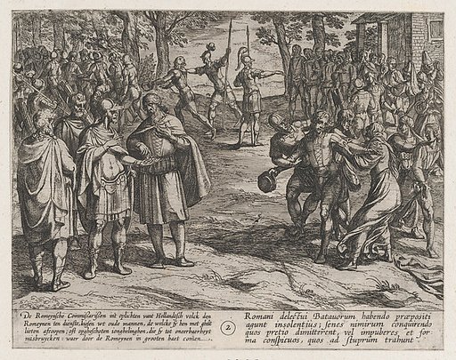 Plate 2: The Romans Taking Old Dutch Men as Hostages and Seducing Young Ones, from "The War of the Romans Against the Batavians" (Romanorvm et Batavorvm societas)