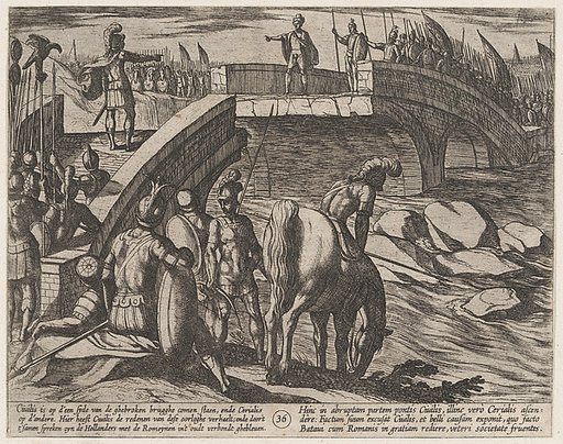 Plate 36: Civilis and Cerialis Meet on a Broken Bridge to Reach an Accord, from "The War of the Romans Against the Batavians" (Romanorvm et Batavorvm societas)
