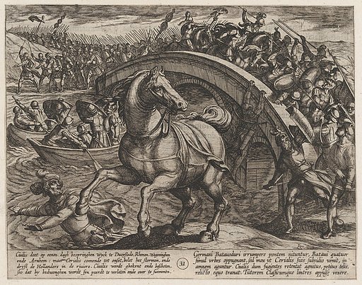 Plate 31: Civilis Forced to Dismount and Swim Across the River, from "The War of the Romans Against the Batavians" (Romanorvm et Batavorvm societas)