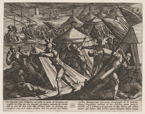 Plate 32: Dutch and Germans Atttack the Roman Camp and Capture Cerialis' Boat, from "The War of the Romans Against the Batavians" (Romanorvm et Batavorvm societas)