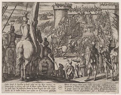 Plate 10: Civilis using Movable Wooden Bridges to Attack the Fortress, from "The War of the Romans Against the Batavians" (Romanorvm et Batavorvm societas)