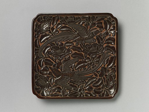 Square dish with long-tailed birds and camellias
