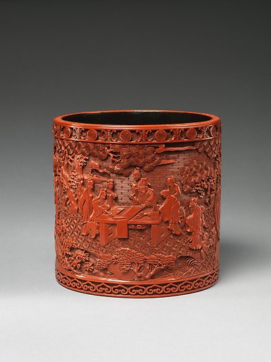 Brush holder with scholars in a garden