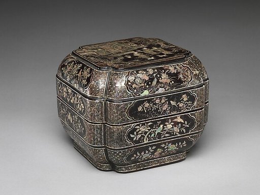 Tiered box with figural scenes, flowers, and birds