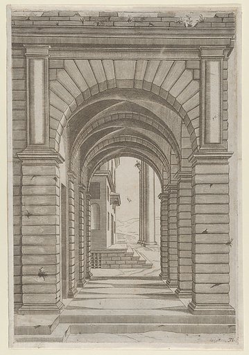Front of a Building seen sideways through an arcade of four arches on its left front, from "Speculum Romanae Magnificentiae"