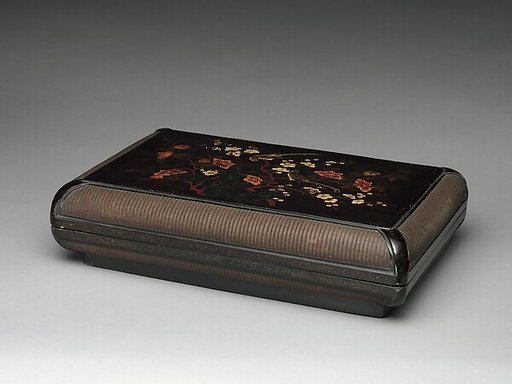 Box with gardenia, plum blossoms, and finches