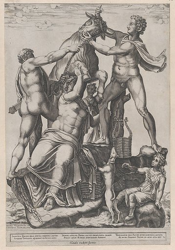 Amphion and Zethus Tying Dirce to a Wild Bull [The Farnese Bull], from "Speculum Romanae Magnificentiae"