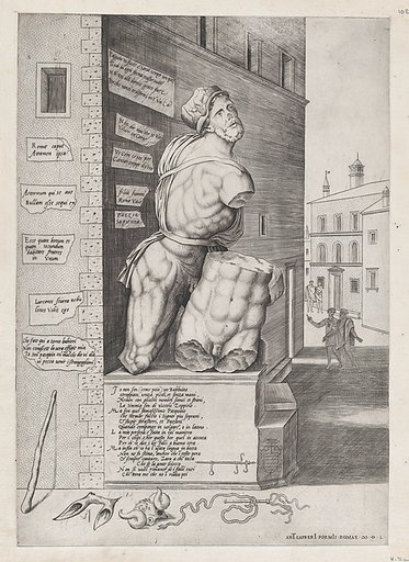 Statue of Pasquin in the House of Cardinal Ursino, from "Speculum Romanae Magnificentiae"