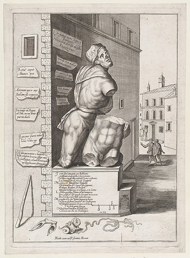 Statue of Pasquin in the House of Cardinal Ursino, from "Speculum Romanae Magnificentiae"