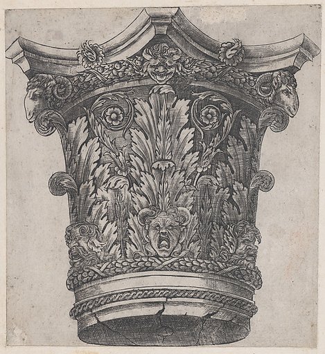 Capital with ram heads and masks, from "Speculum Romanae Magnificentiae"