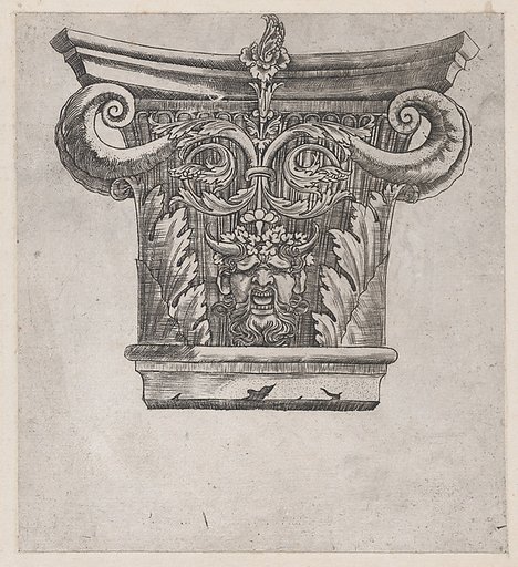 Capital with peapod volutes and satyr head, from "Speculum Romanae Magnificentiae"
