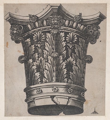 Capital with heads and masks, from "Speculum Romanae Magnificentiae"