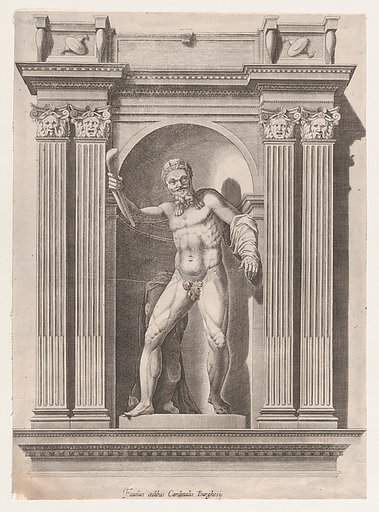 Sculpture of a faun standing in a niche after a statue in Scipione Borghese's villa, from "Speculum Romanae Magnificentiae"