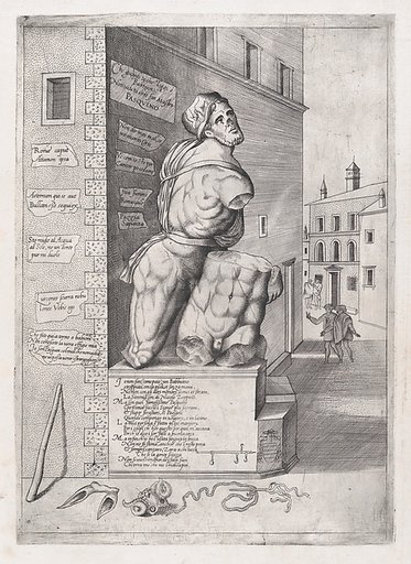 Statue of Pasquin in the House of Cardinal Ursino, from "Speculum Romanae Magnificentiae"