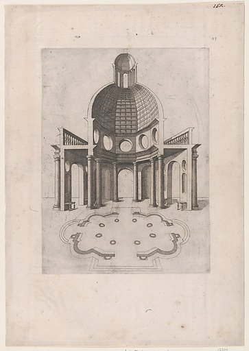 Interior and ground plan of an octagonal temple, from "Speculum Romanae Magnificentiae"