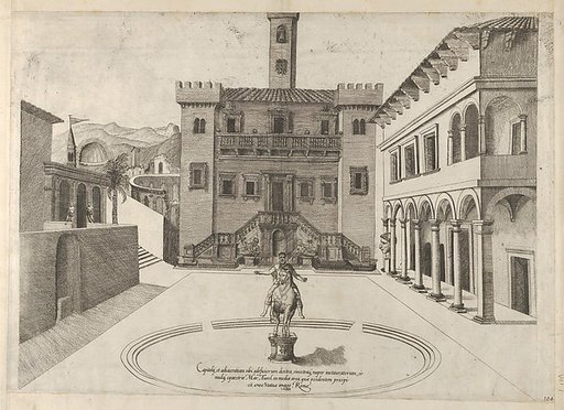 View of the Capitoline Hill during Michelangelo's restoration, the equestrian monument of Marcus Aurelius in the center, from "Speculum Romanae Magnificentiae"
