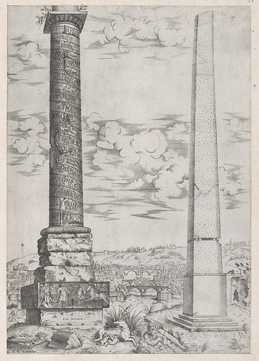 Column of Antoninus and a Roman Obelisk, from "Speculum Romanae Magnificentiae"