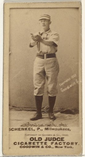 William Shenkel, Pitcher, Milwaukee, from the Old Judge series (N172) for Old Judge Cigarettes