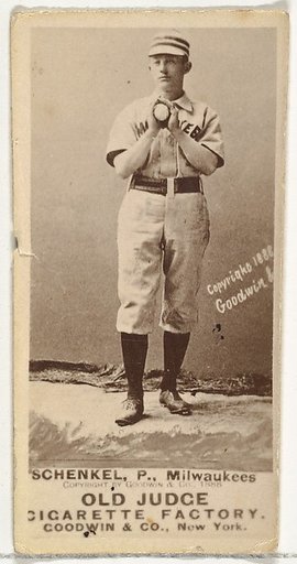 William Shenkel, Pitcher, Milwaukee, from the Old Judge series (N172) for Old Judge Cigarettes