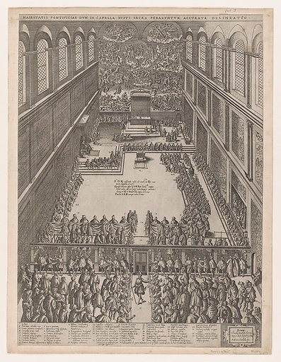 A Papal Gathering in the Sistine Chapel, Michelangelo's Last Judgement on the back wall; the crowd looks on through a screen, from "Speculum Romanae Magnificentiae"