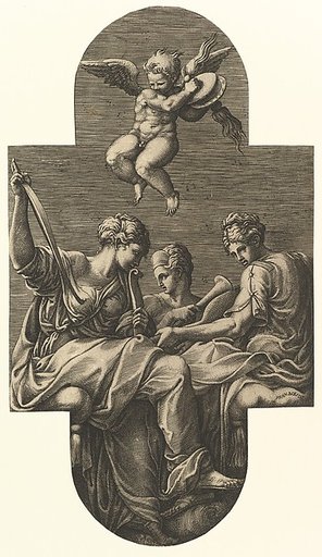 Three Muses and a Putto with Cymbals,  from a series of eight compositions after Francesco Primaticcio's designs for the ceiling of the Ulysses Gallery (destroyed 1738-39) at Fontainebleau