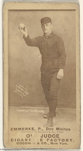 Robert Emmerke, Pitcher, Des Moines Prohibitionists, from the Old Judge series (N172) for Old Judge Cigarettes