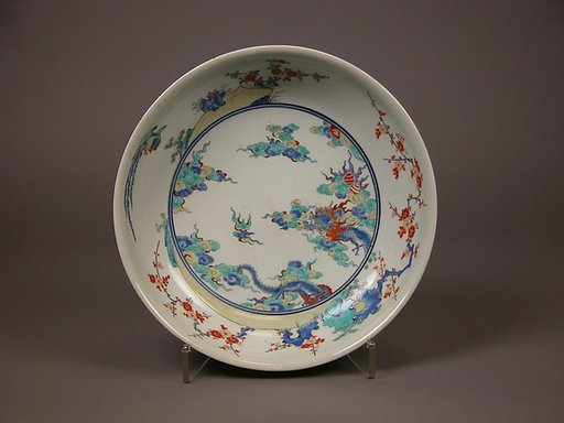Shallow Bowl with Design of Dragon amid Waves, Phoenix, and Flowers