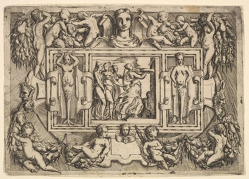 The Cumeaean sibyl walking to the right and carrying a tray, followed by three women, set within an elaborate frame