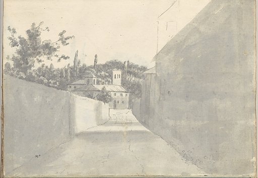 Walled street and distant villa at Rome (Smaller Italian sketchbook, leaf 7 recto)