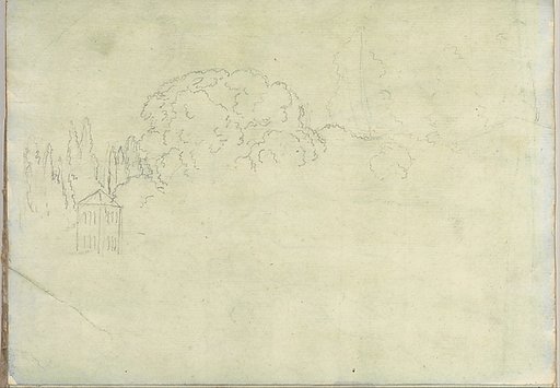 Landscape with trees and a tower (Smaller Italian sketchbook, leaf 15 recto)