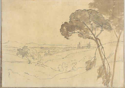 Landscape with distant buildings, near Rome (Smaller Italian sketchbook, leaf 27 recto)